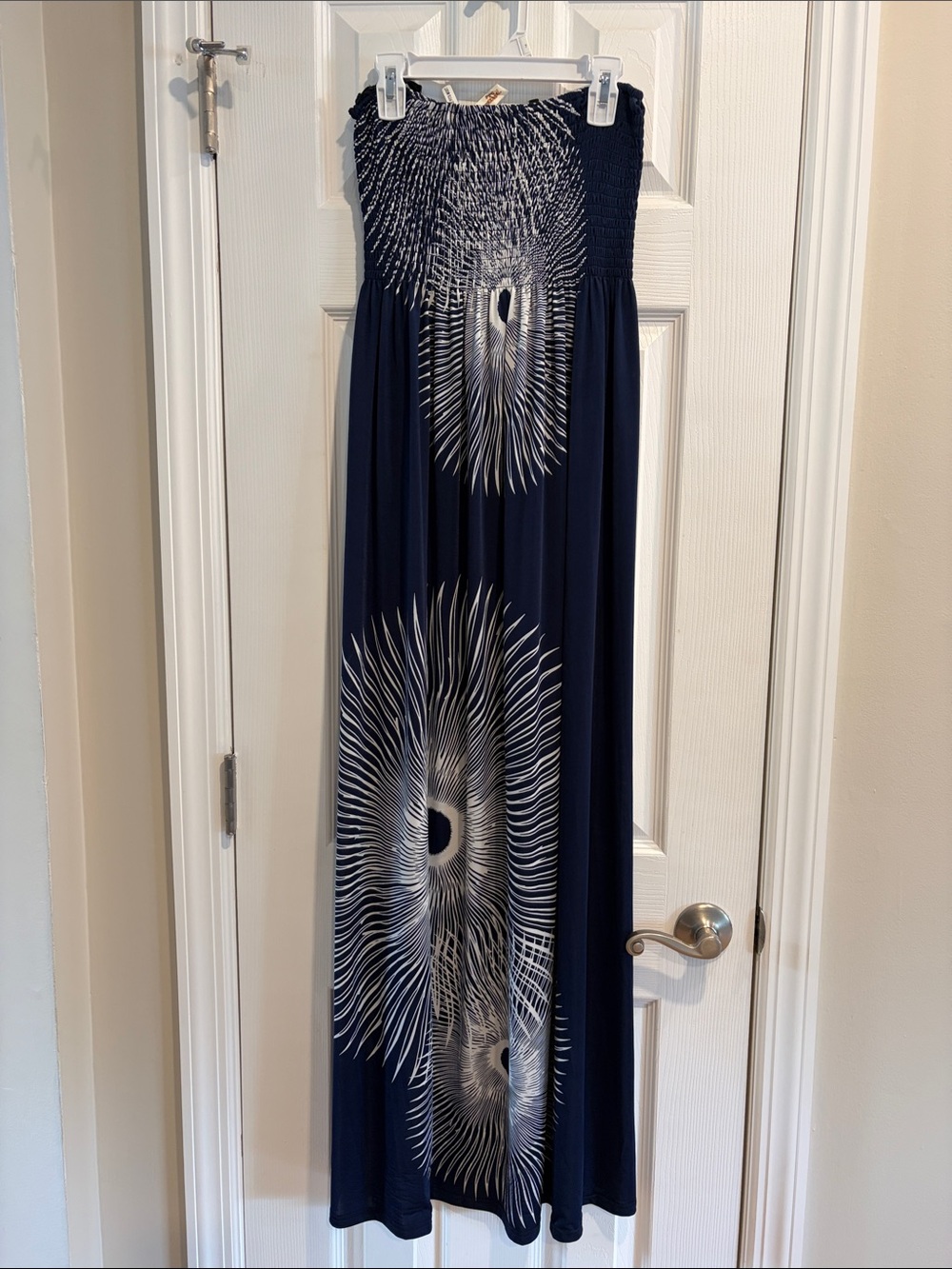 Shoreline Navy Strapless Maxi Dress with White Radiant Print